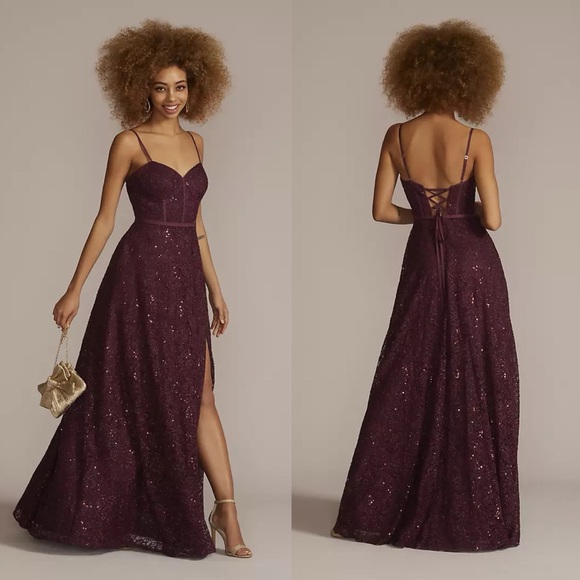 NEW David’s Bridal Jules and Cleo Sparkle Lace Dress with Corset Bodice Wine Red - Picture 12 of 12